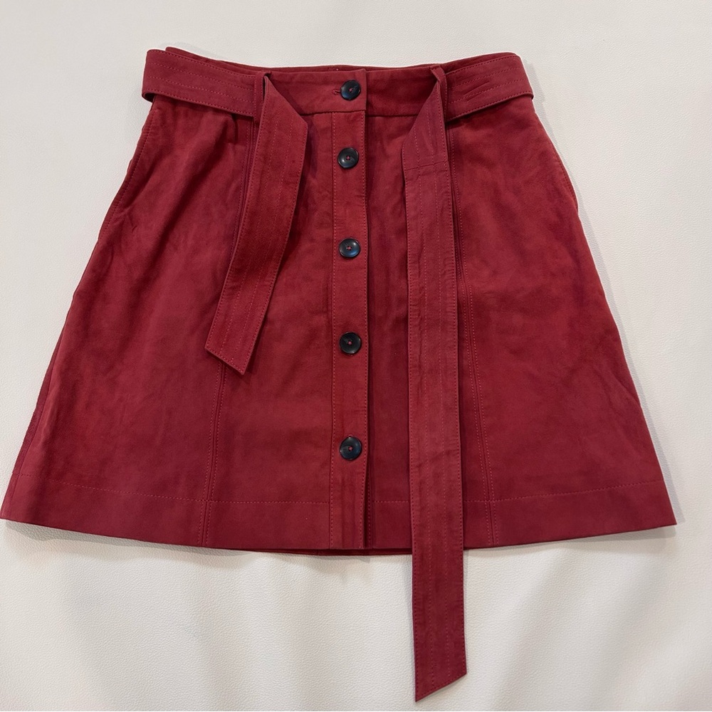 Joie Crimson Button-Front Suede A-Line Skirt with Self-Tie Belt